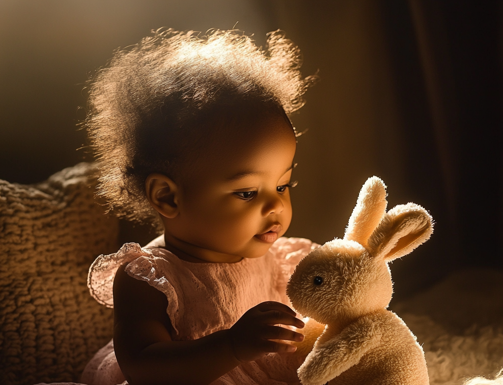 A cute baby girl playing with a stuffed bunny | Source: no source