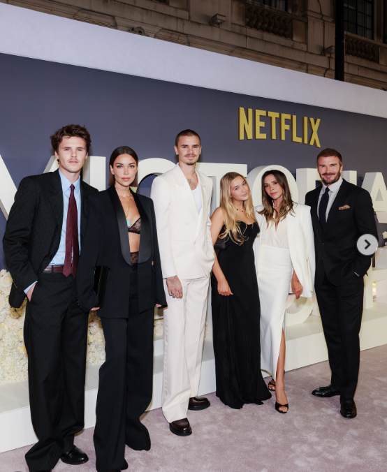 Victoria, David, Romeo, Harper, and Cruz Beckham, and Jackie Apostel attend the premiere of Victoria's Netflix documentary in a post dated October 8, 2025 | Source: Instagram/victoriabeckham