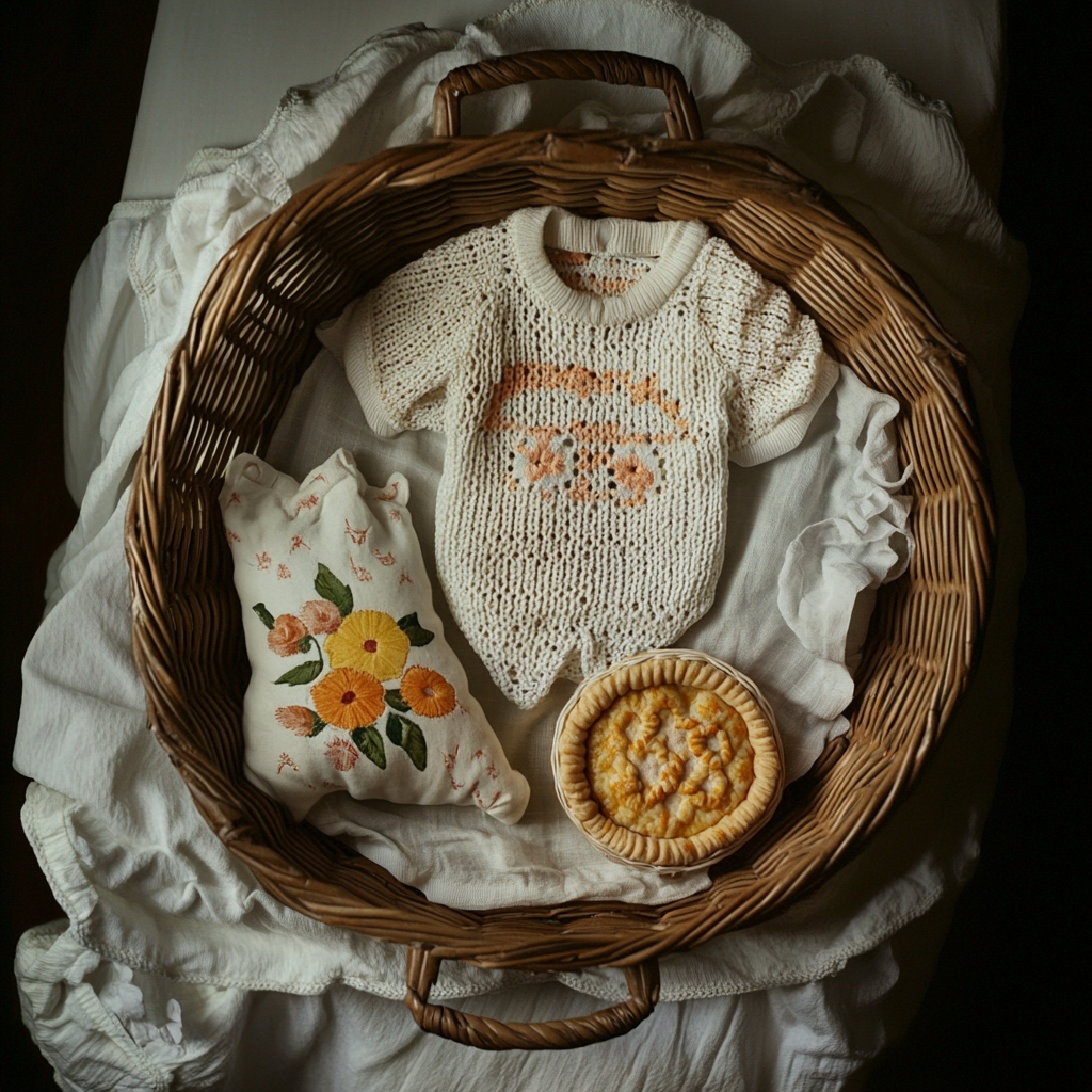 Baby essentials and a pie in a basket | Source: no source