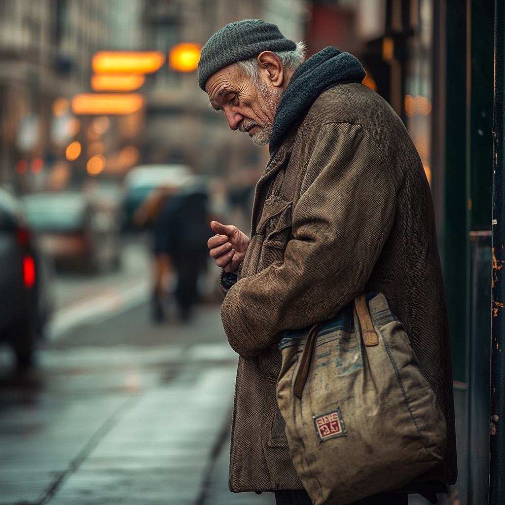 A sad homeless man near a shop | Source: no source