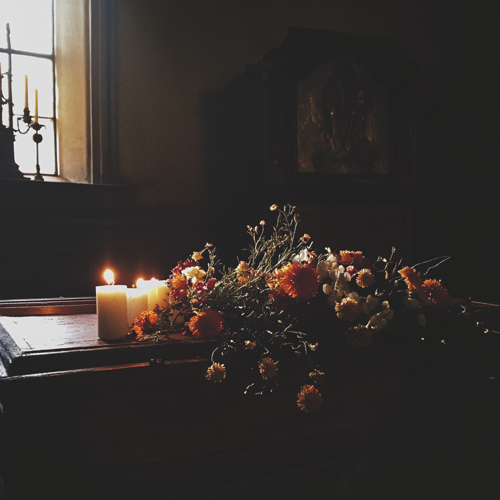 Flowers and candles on a casket | Source: No source