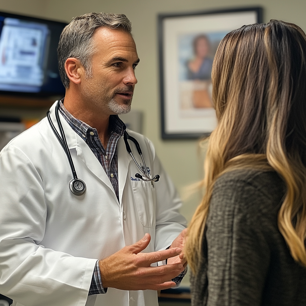 Veterinary doctor talking to his sister in his office | Source: No source