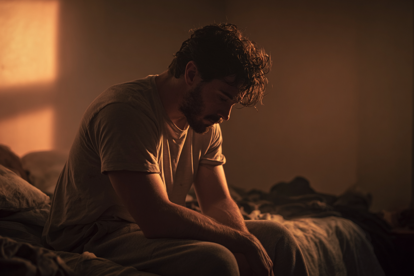 A man sitting on a bed | Source: No source
