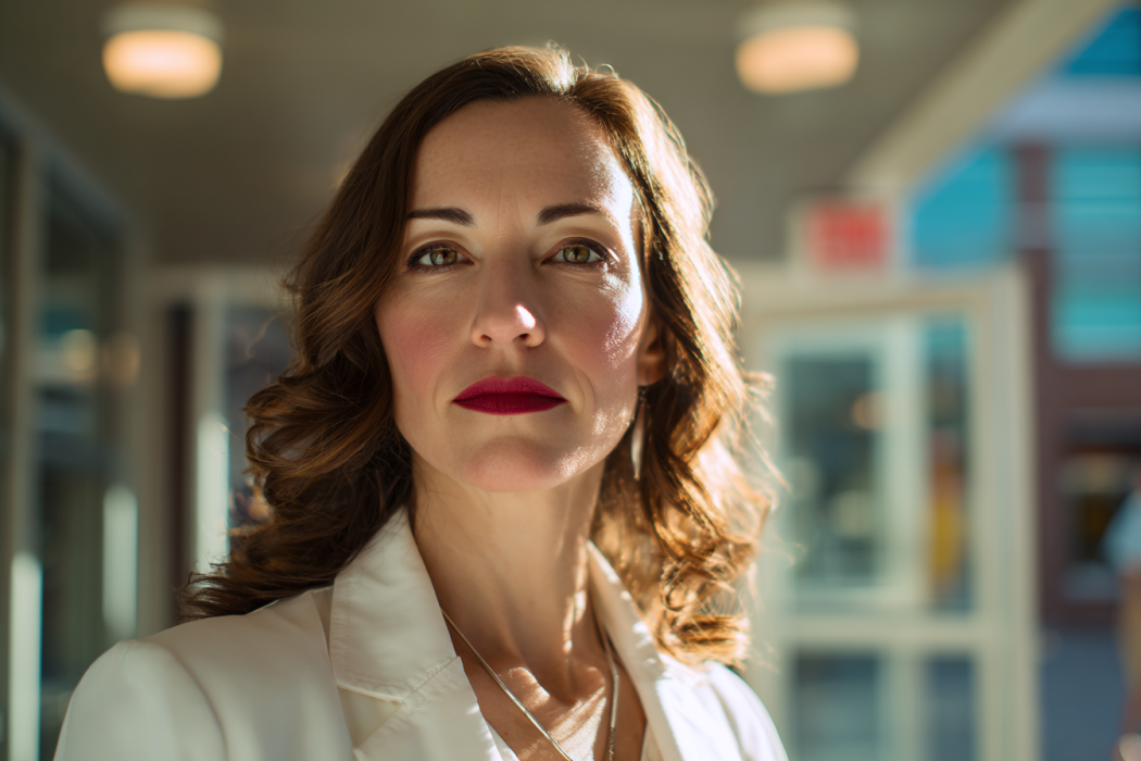 Close-up shot of a woman in a white blazer standing near a hospital cafeteria | Source: No source