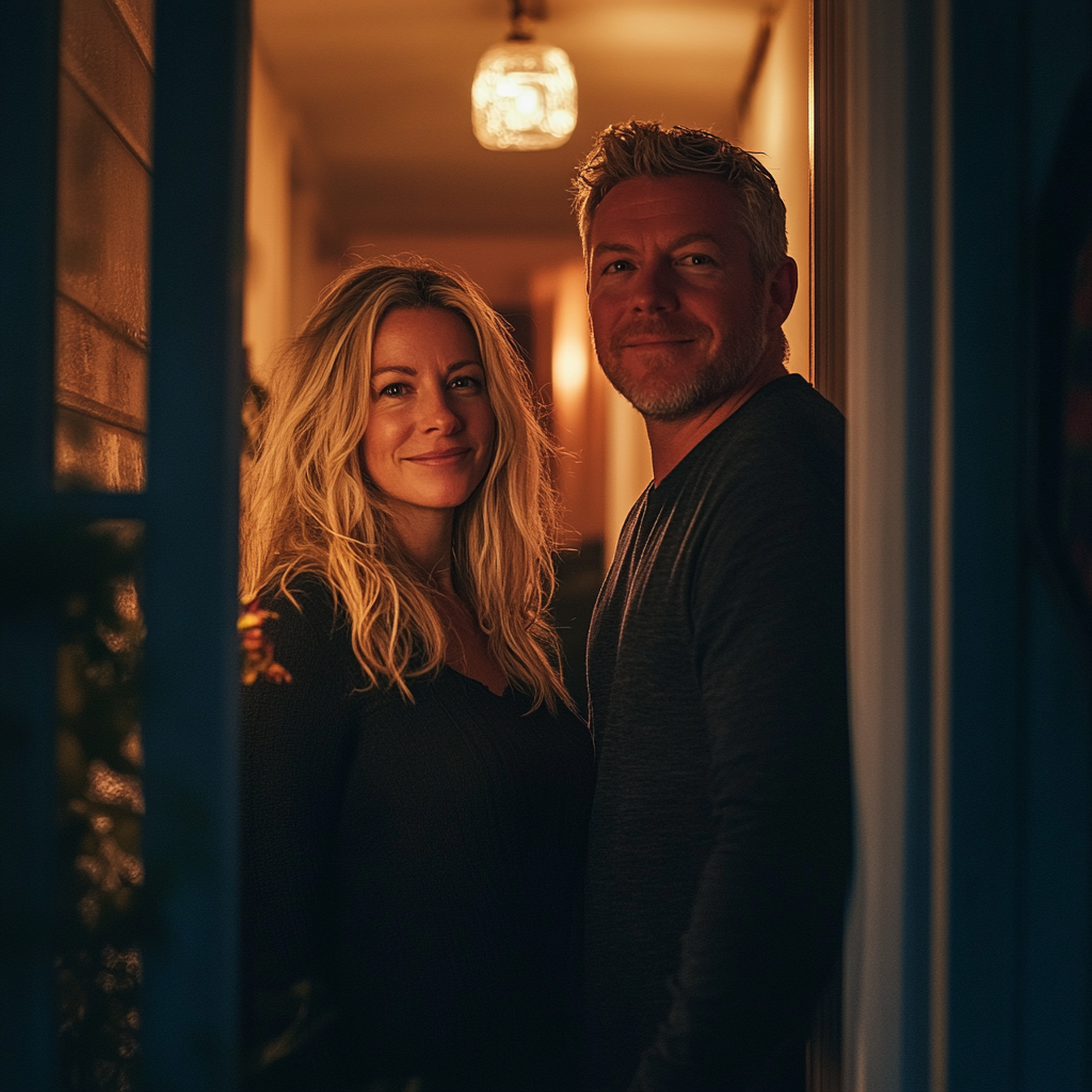 A happy couple in a doorway | Source: no source
