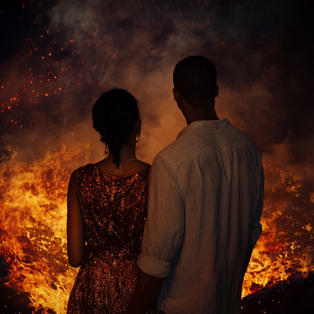 Couple standing next to a pit of fire | Source: No source