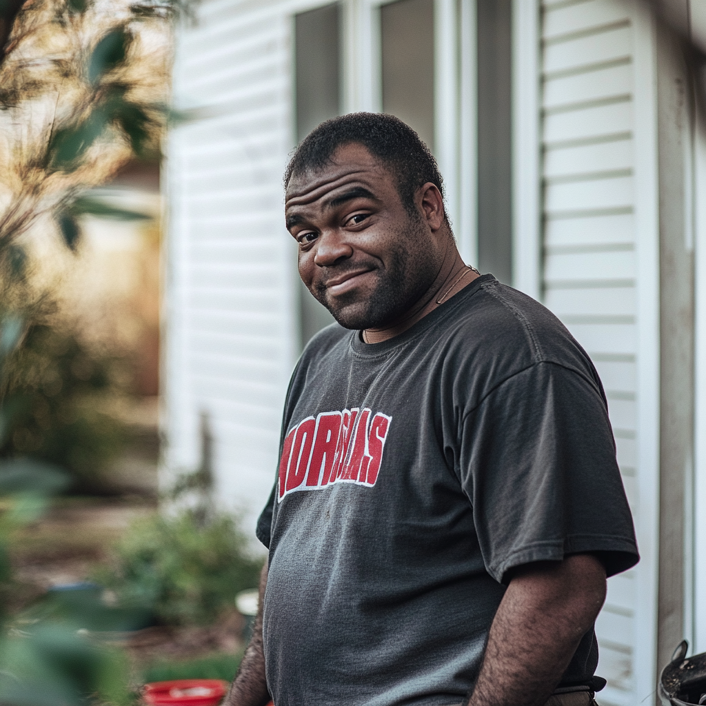A handyman chuckles while looking at someone with a hint of sadness in his eyes | Source: no source