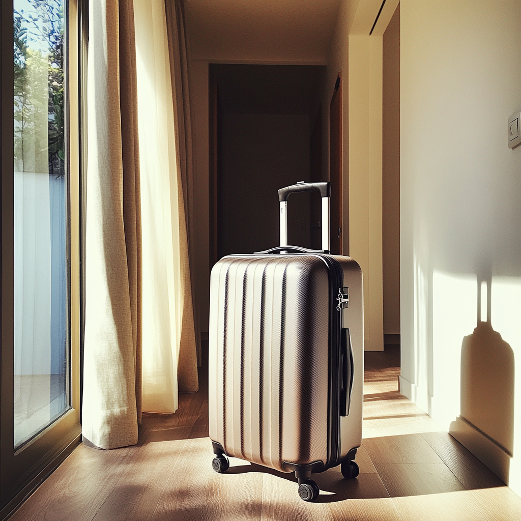 A packed suitcase in a hallway | Source: No source