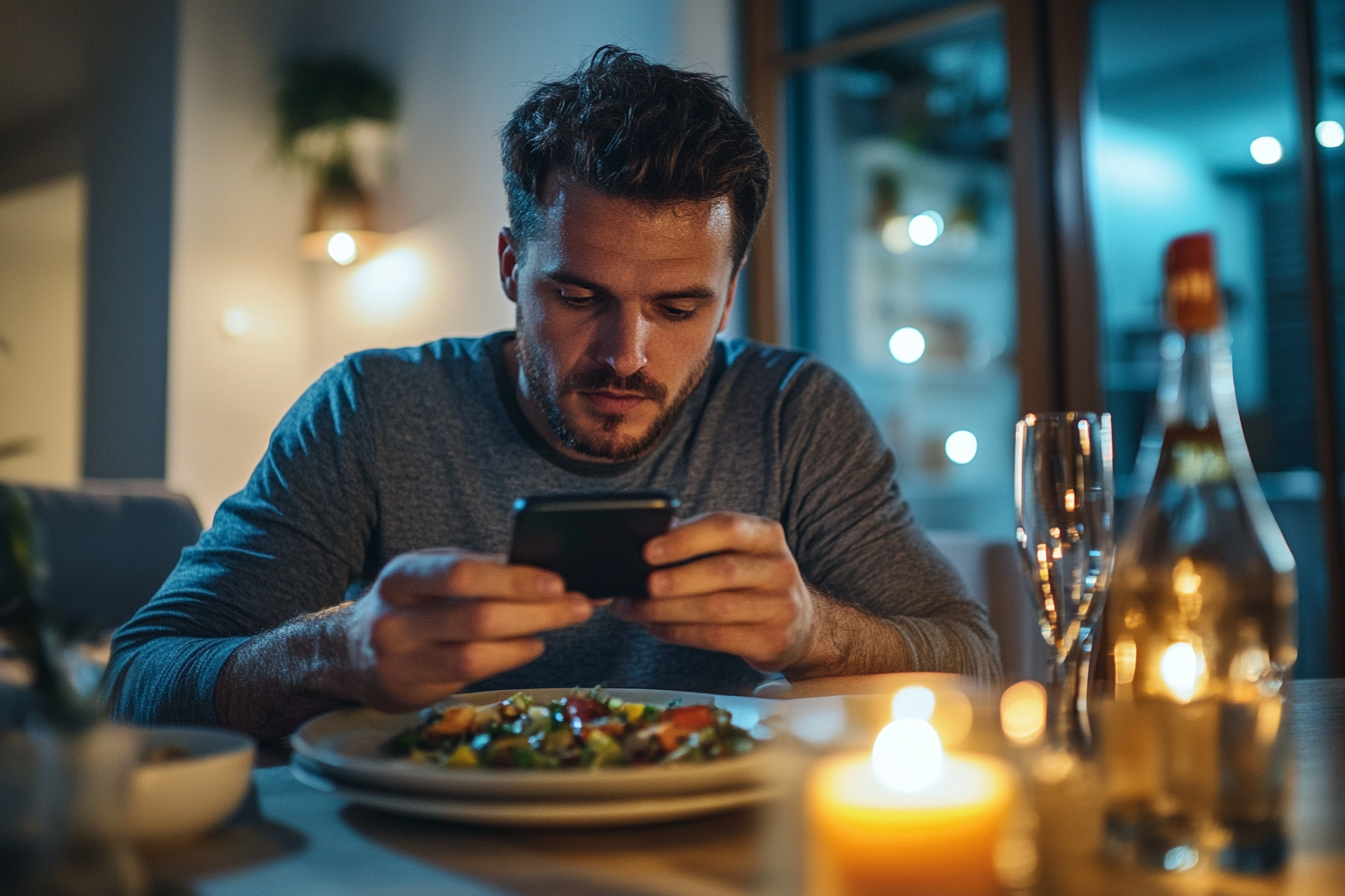 A man staring at his phone during dinner | Source: no source