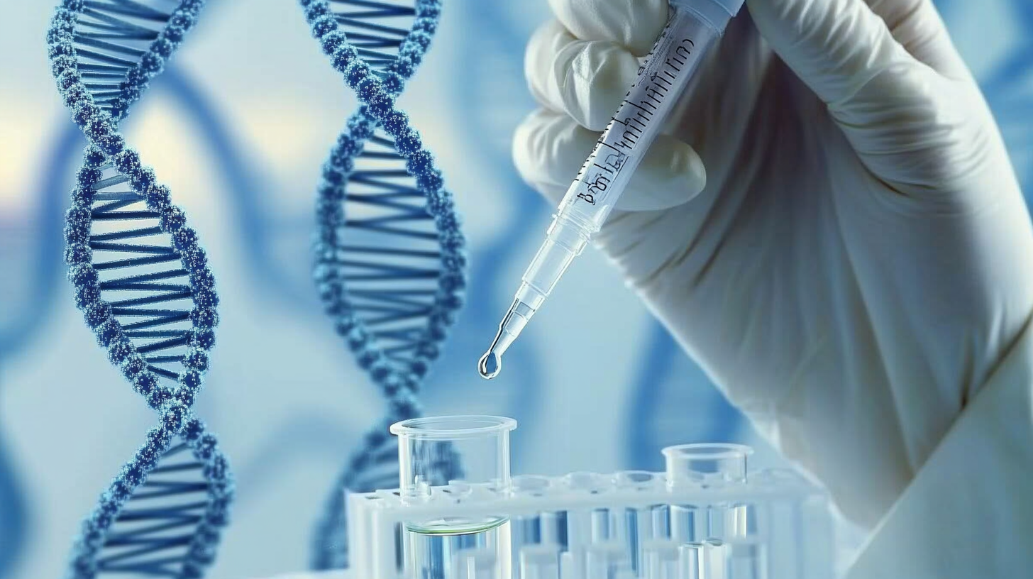 Gloved hand handling a pipette and vial against a background of DNA helixes | Source: No source