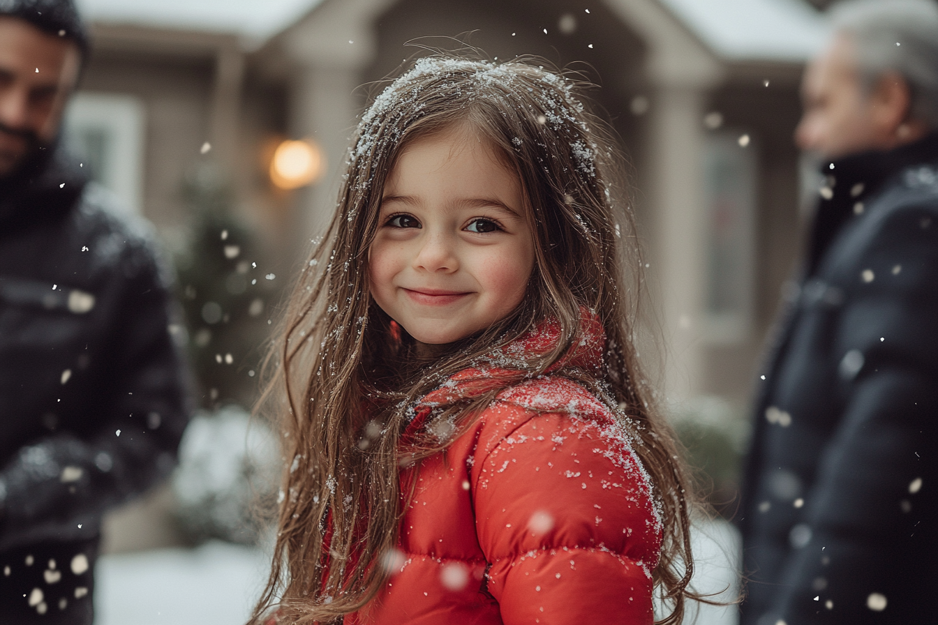 A little girl in a red jacket, happy with two adults in the background on a snowy day | Source: no source