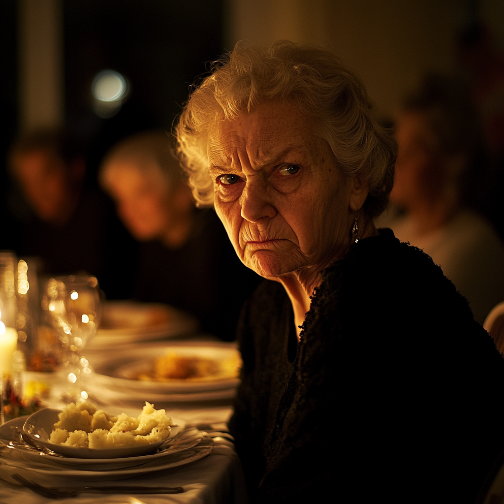 An angry elderly woman at a dinner table | Source: No source