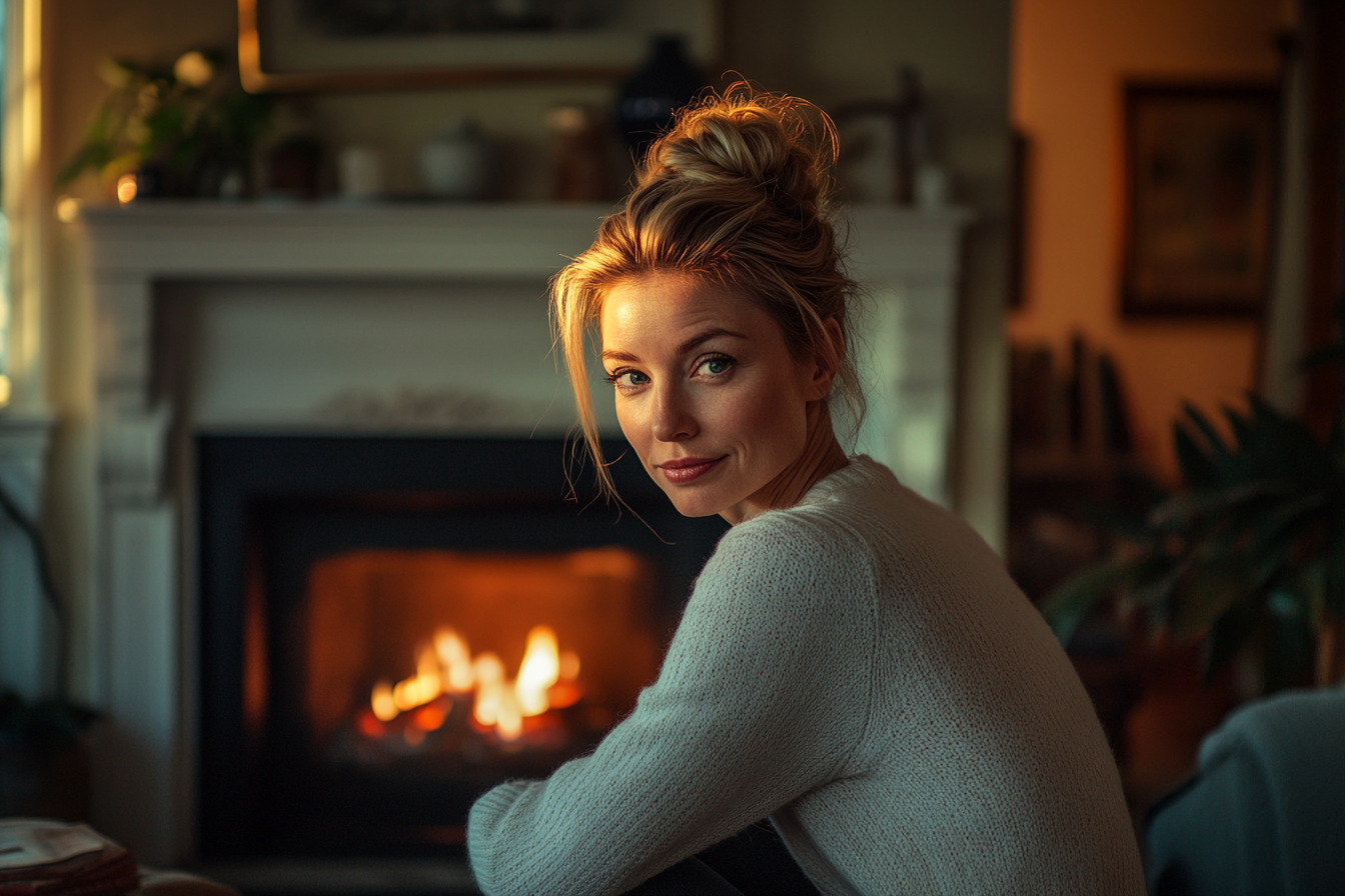 Woman kneeling by a fireplace smiling evilly | Source: No source