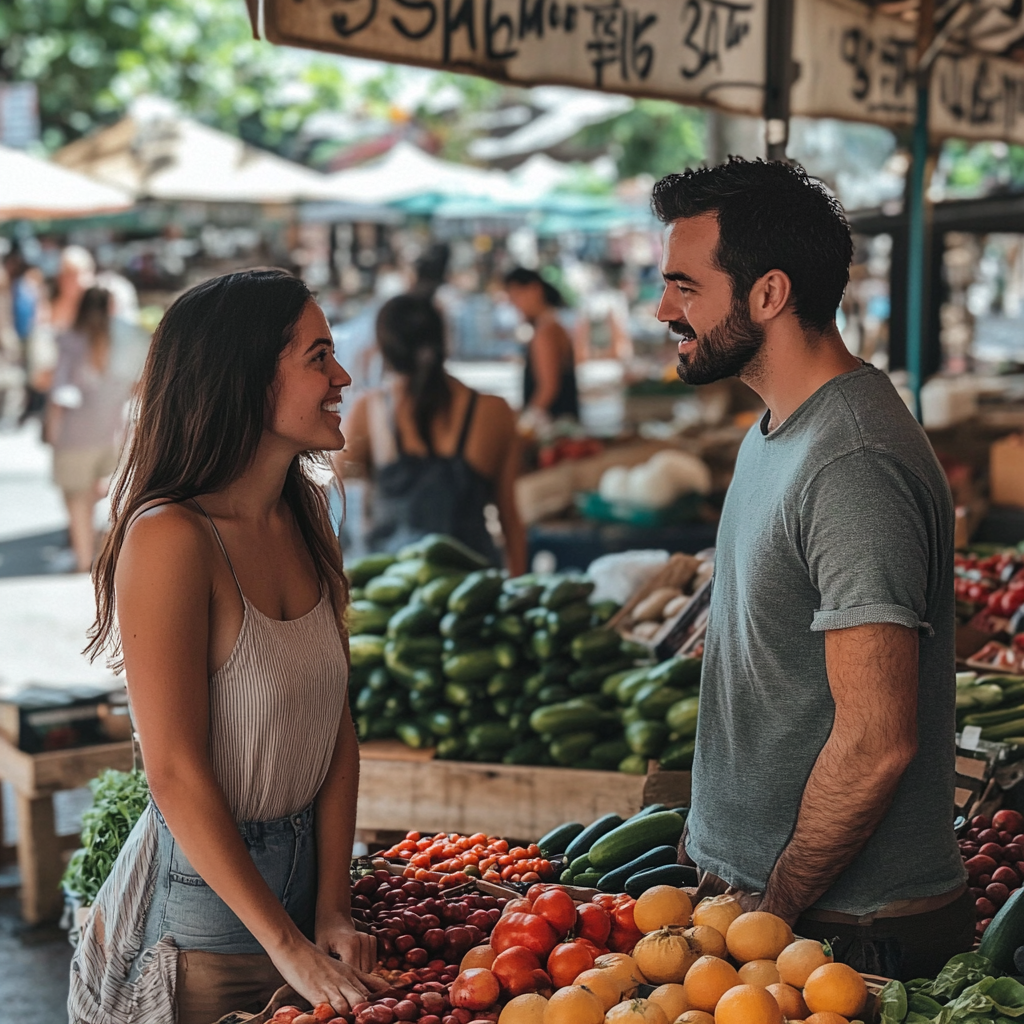 People having a chat at a farmer's market | Source: No source