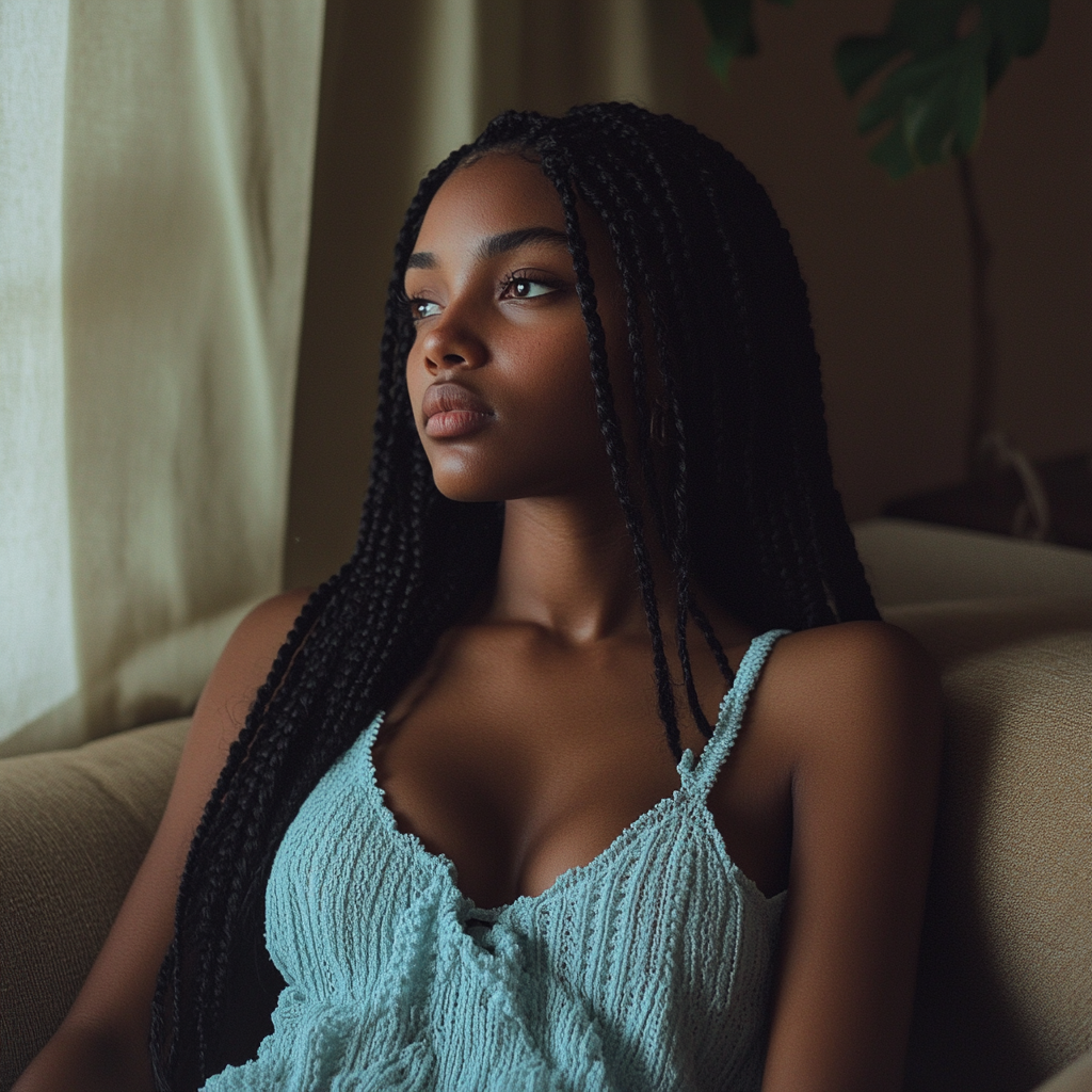 A woman sitting on a couch | Source: No source