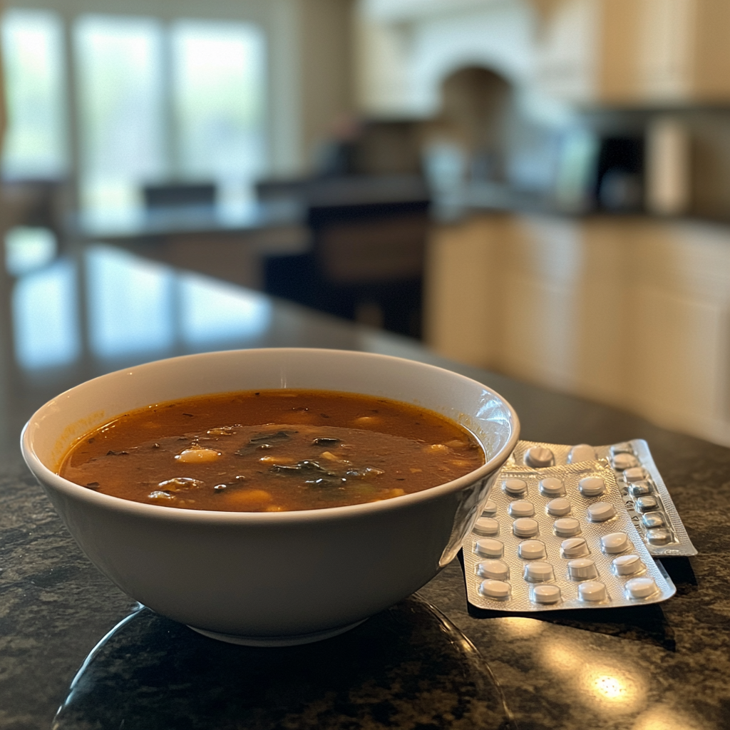 A bowl of soup and a blister pack of medication | Source: no source
