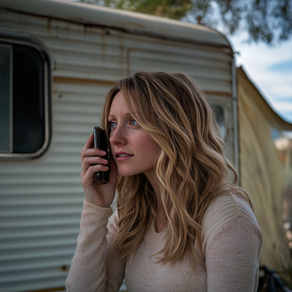 A woman talking on her phone while standing outside a trailer | Source: No source