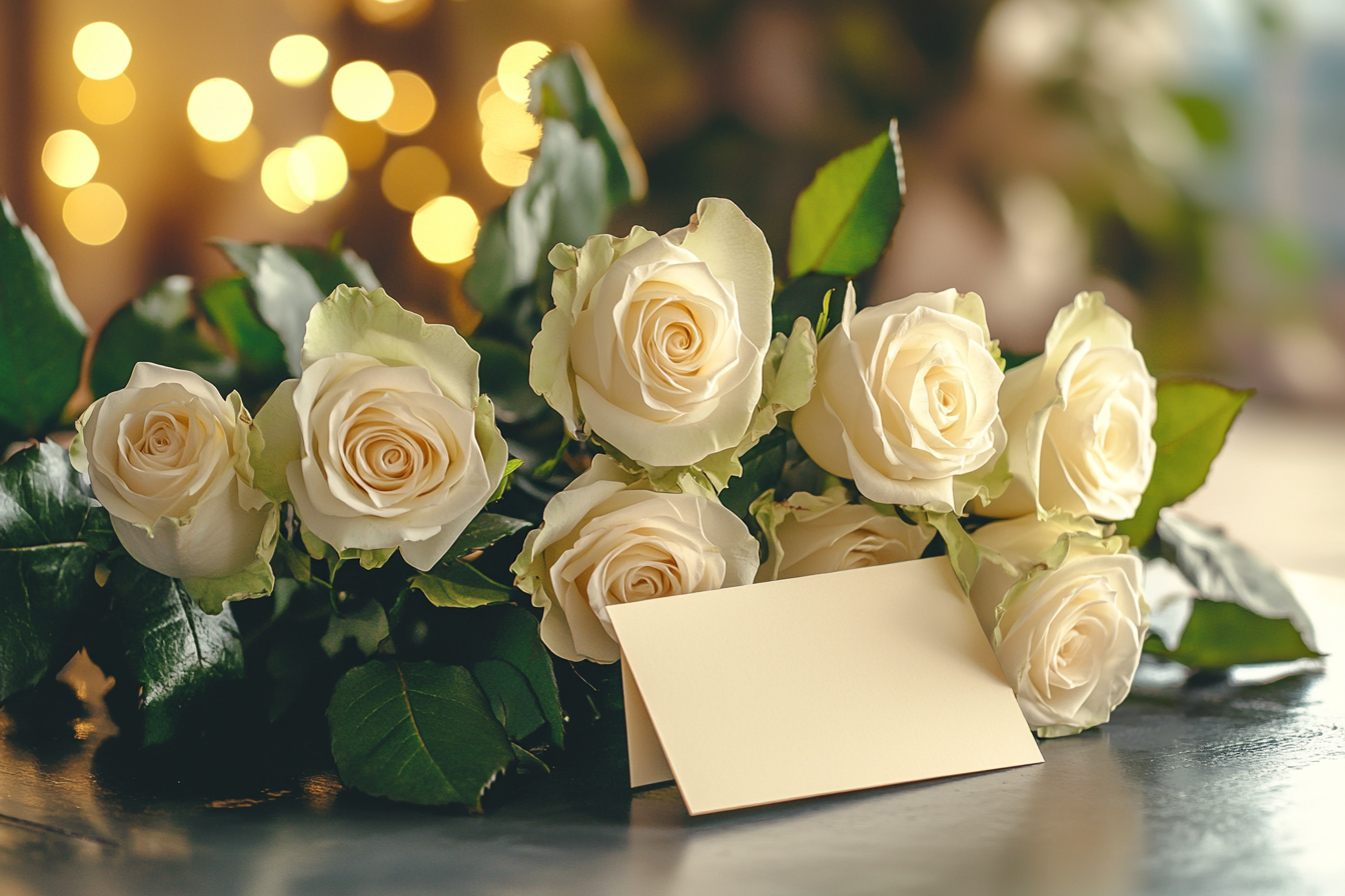 A note tucked beneath a bouquet of white roses | Source: No source