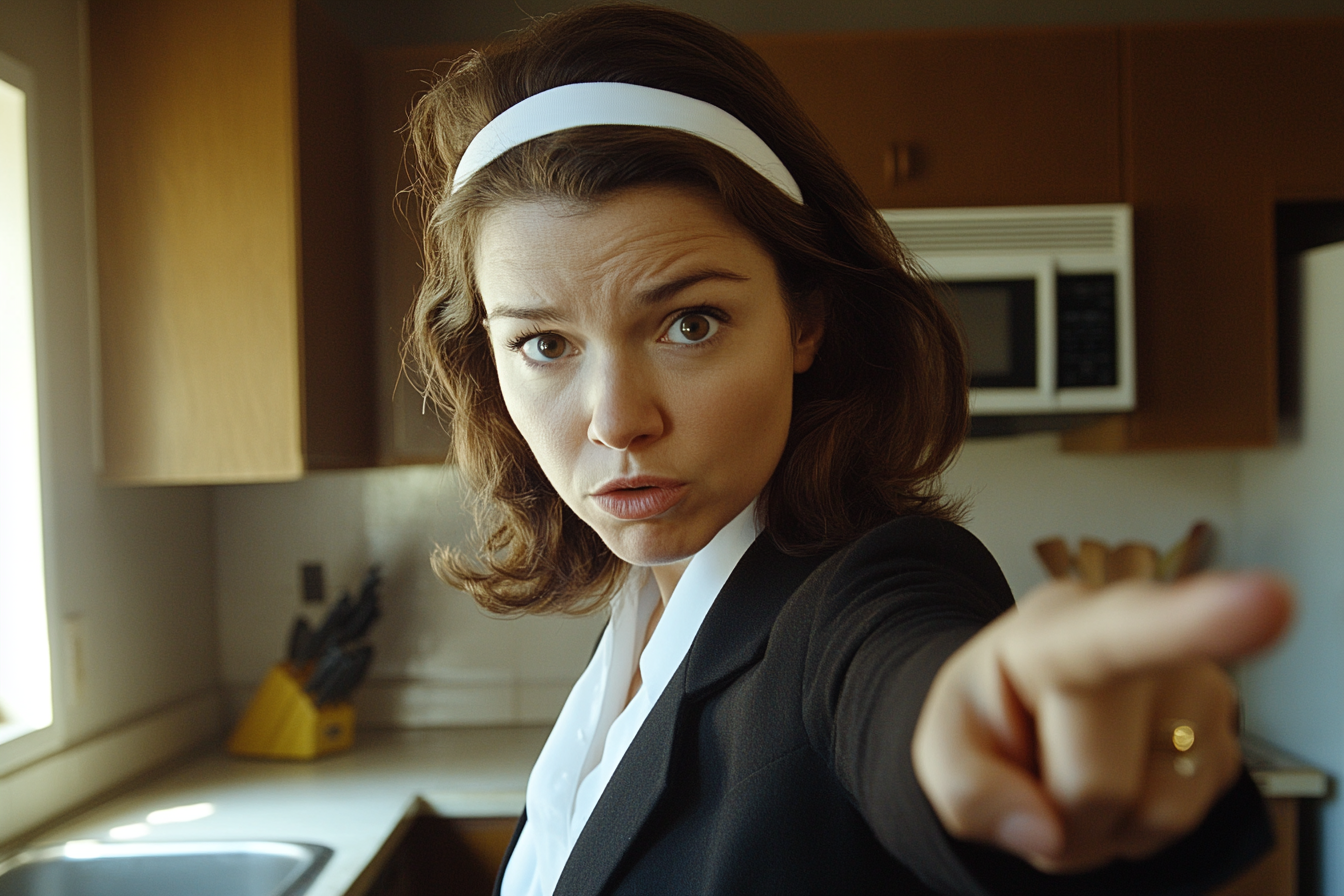 Woman in her 30s in work clothes in the kitchen pointing at someone like a warning | Source: No source