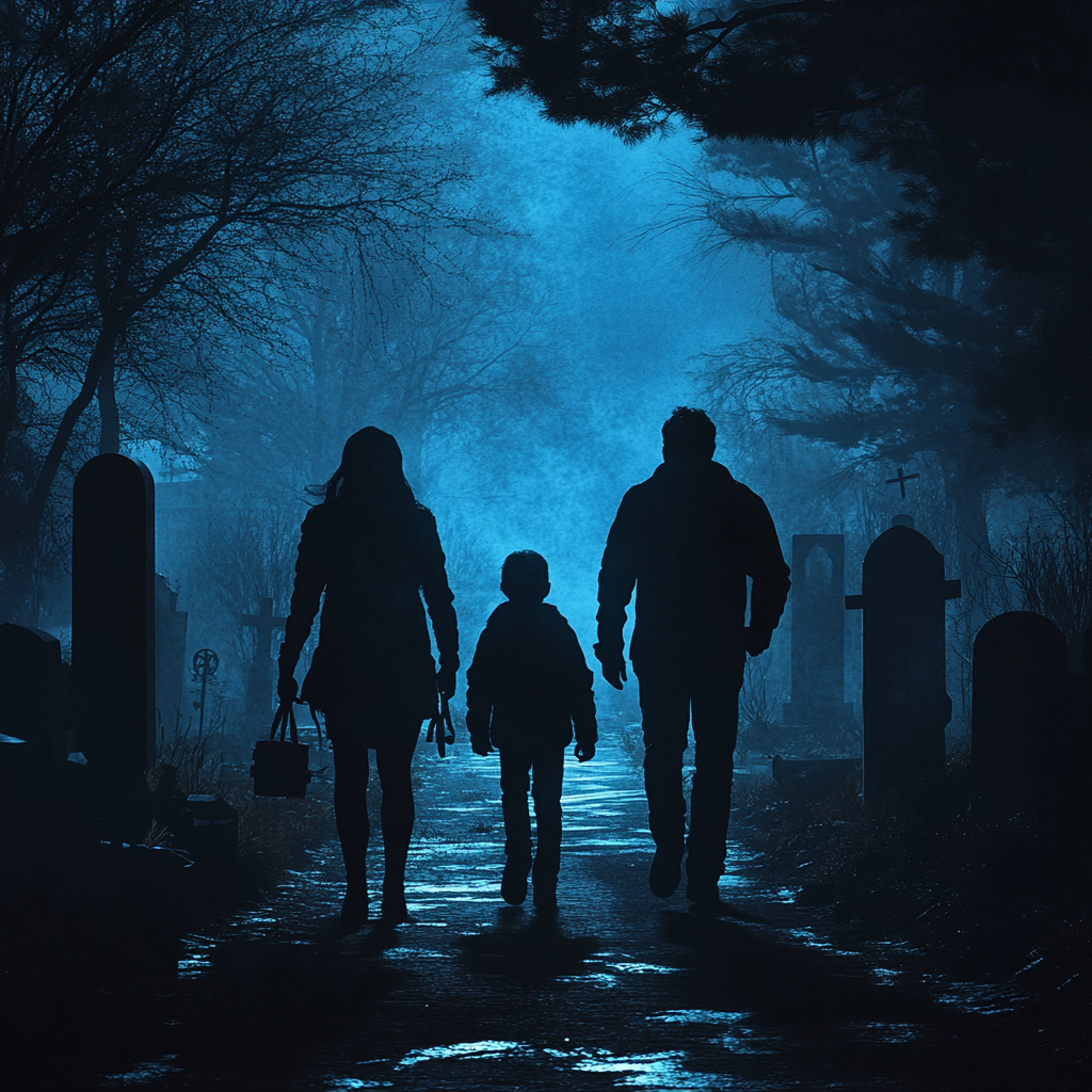 Silhoutte of a couple and their son leaving the cemetery at night | Source: no source