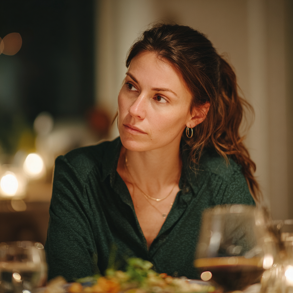 A pensive woman sitting at a dinner table | Source: no source