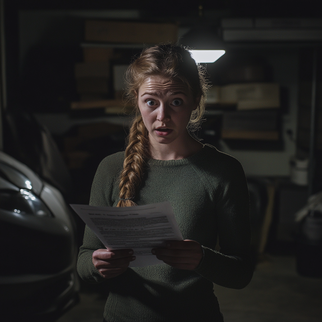 A woman reading a document in a garage | Source: no source
