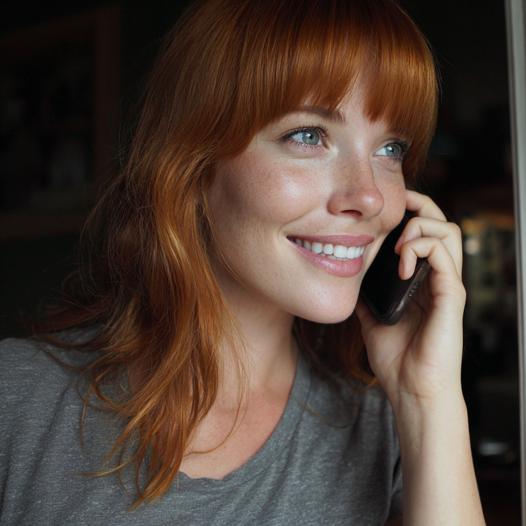 A smiling woman talking on a phone | Source: no source