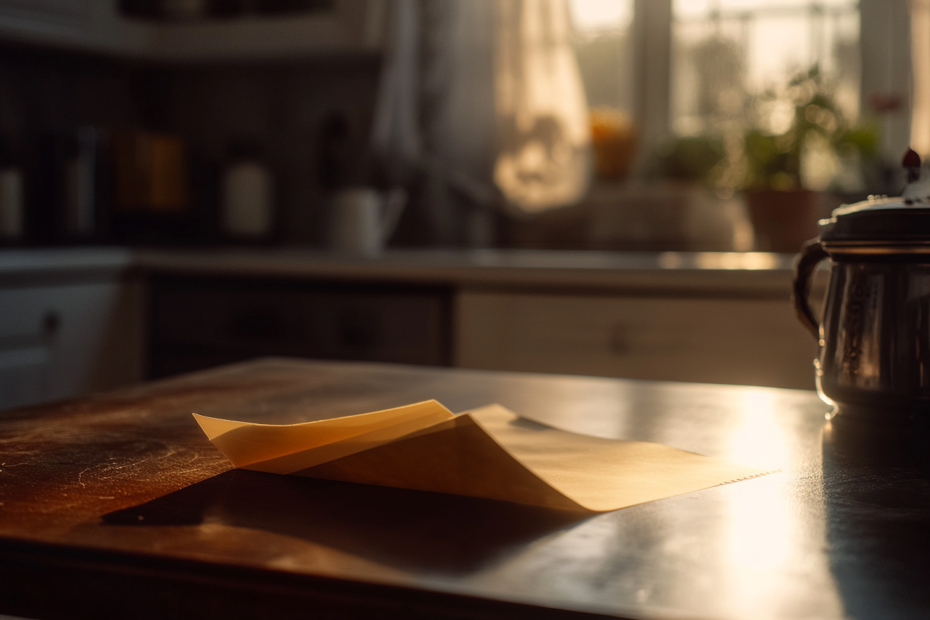 A folded piece of paper on a kitchen table | Source: No source