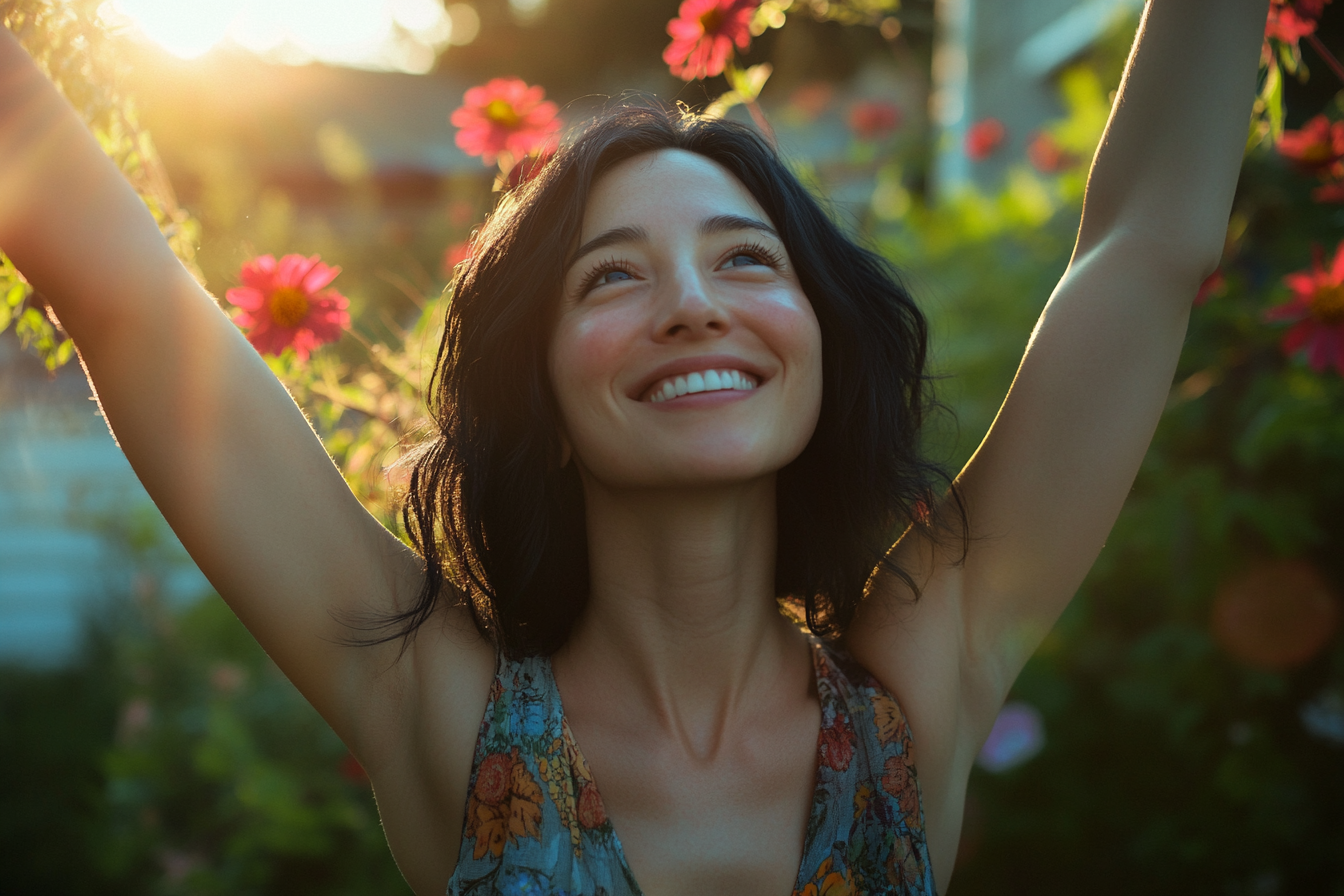 Happy woman with arms up outdoors | Source: No source