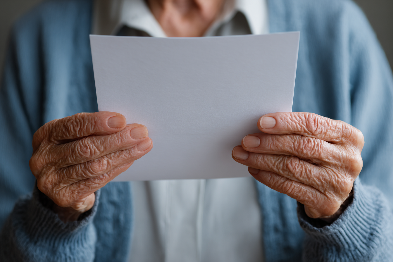 An elderly woman holding a piece of paper | Source: No source