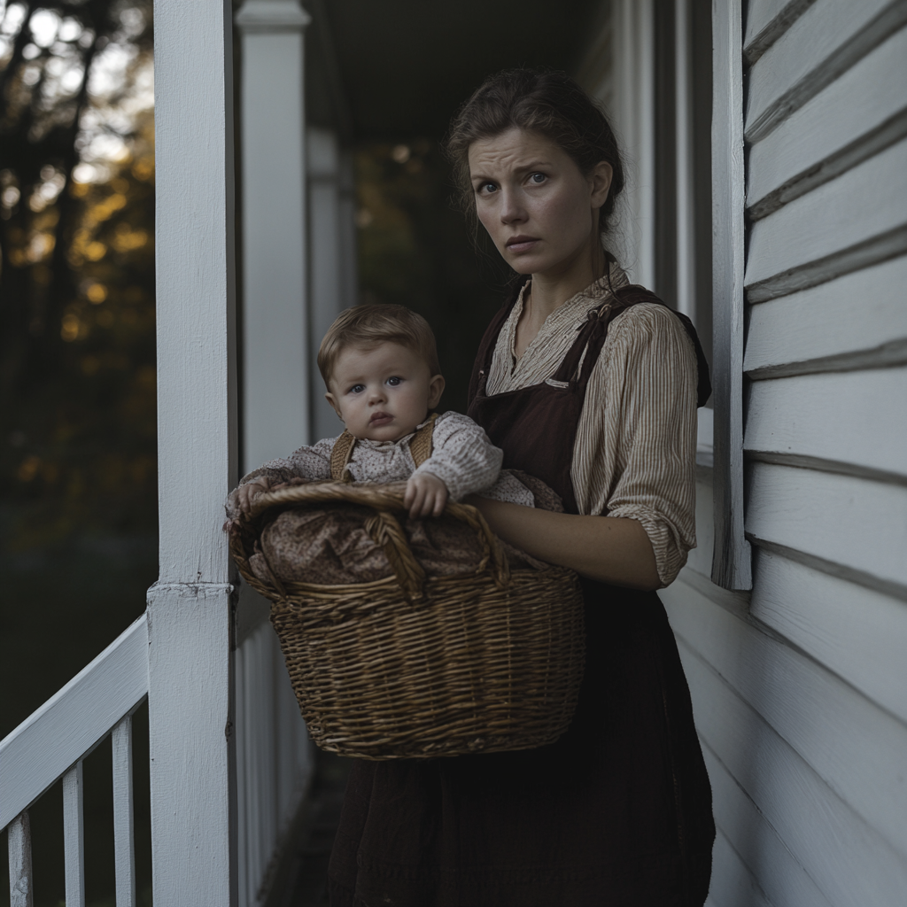 A woman holding a baby in a basket | Source: No source