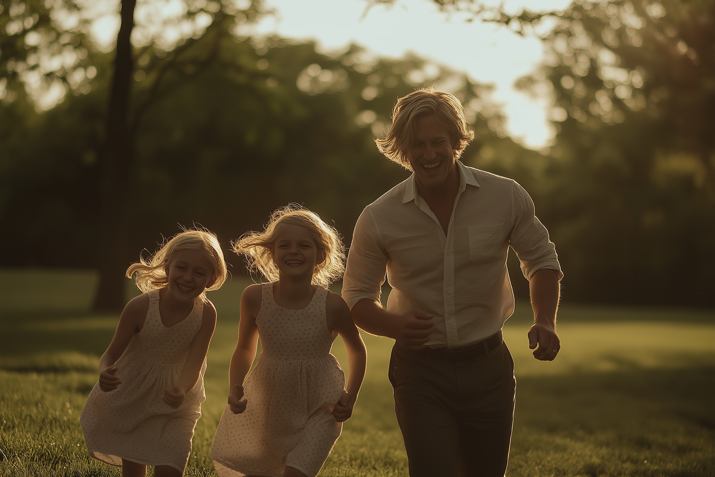 A happy blonde man in his 30s running in the park with his twin daughters | Source: No source