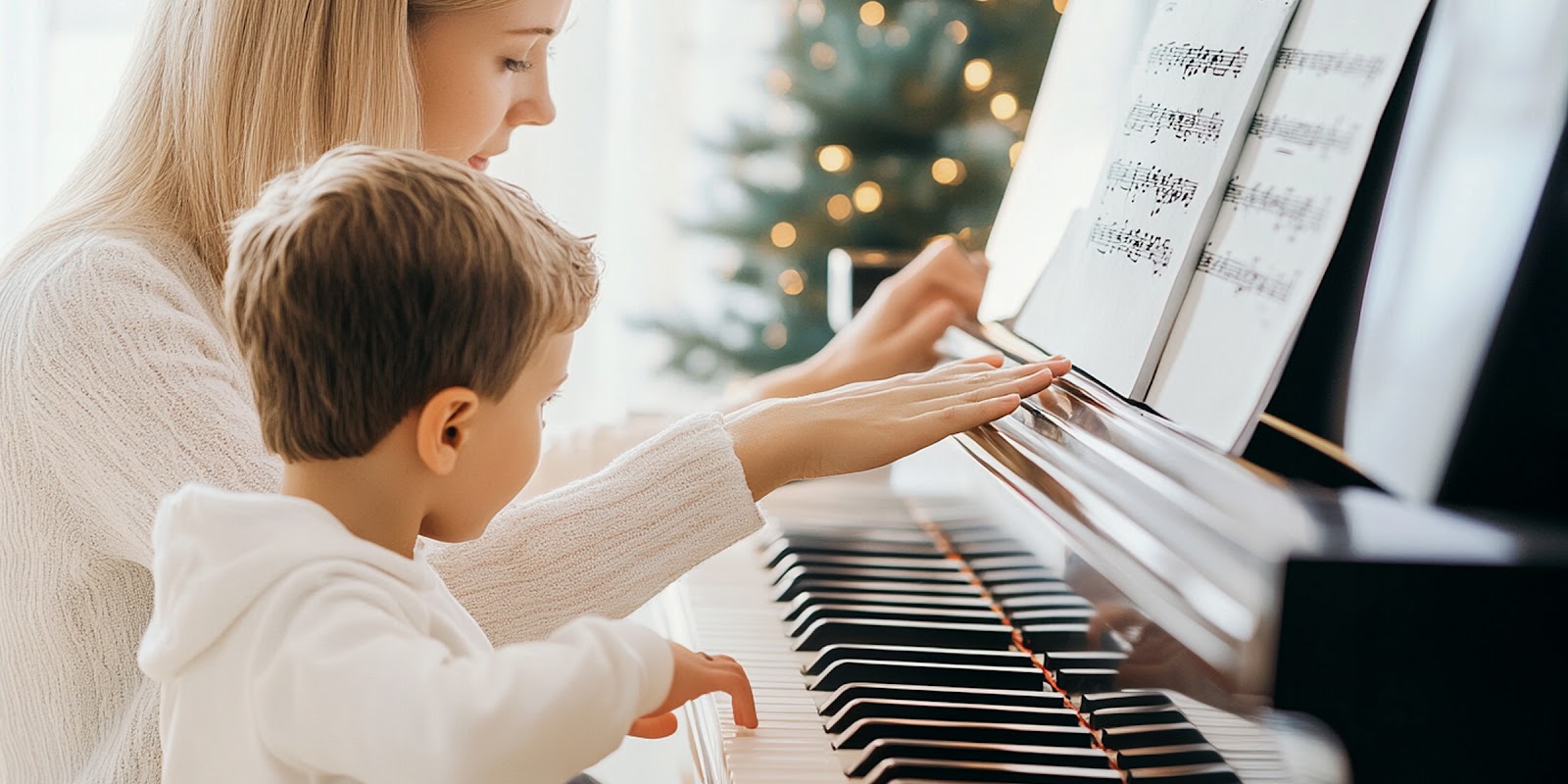 Teacher guiding young boy at piano | Source: No source