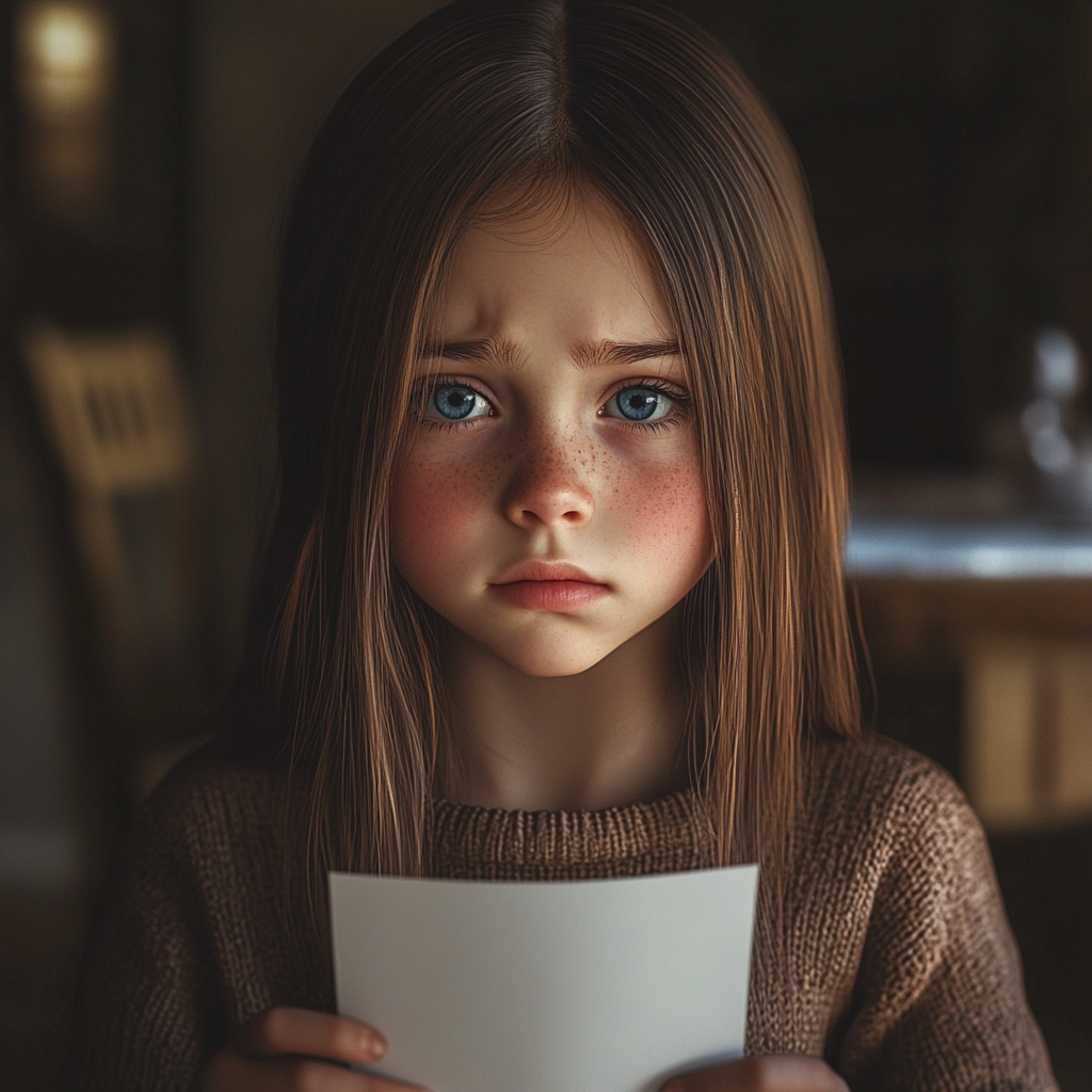 A desperate little girl holding a sheet of paper | Source: no source