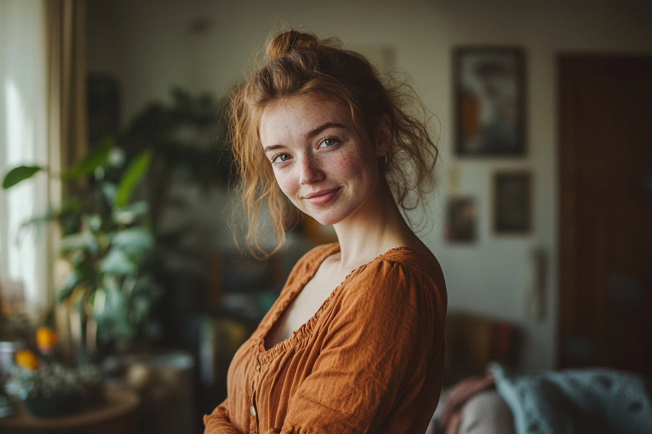 A smiling woman standing in a living room | Source: No source