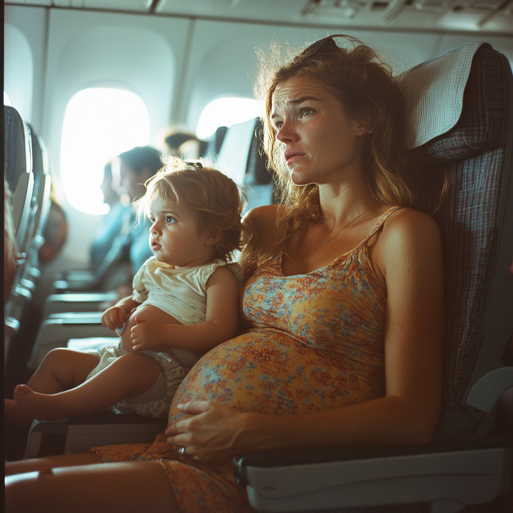 An agitated pregnant woman with a toddler in her lap | Source: no source