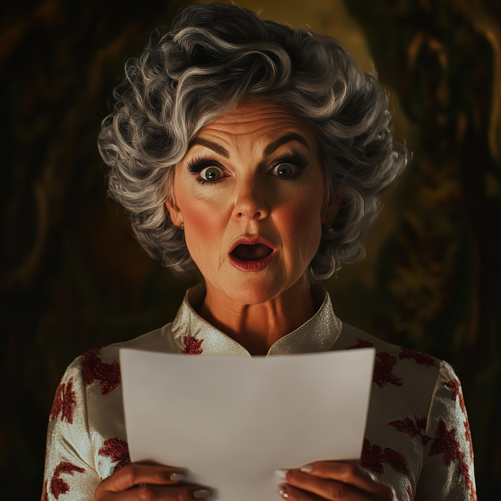 A stunned older woman holding a sheet of paper | Source: no source