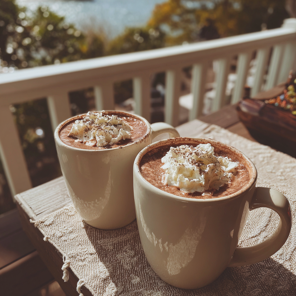 Two mugs of hot chocolate on table | Source: No source
