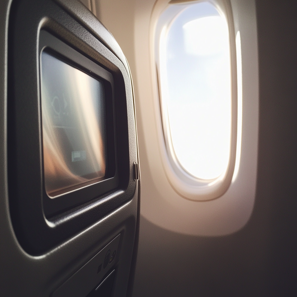 A screen at the back of an airplane seat | Source: No source