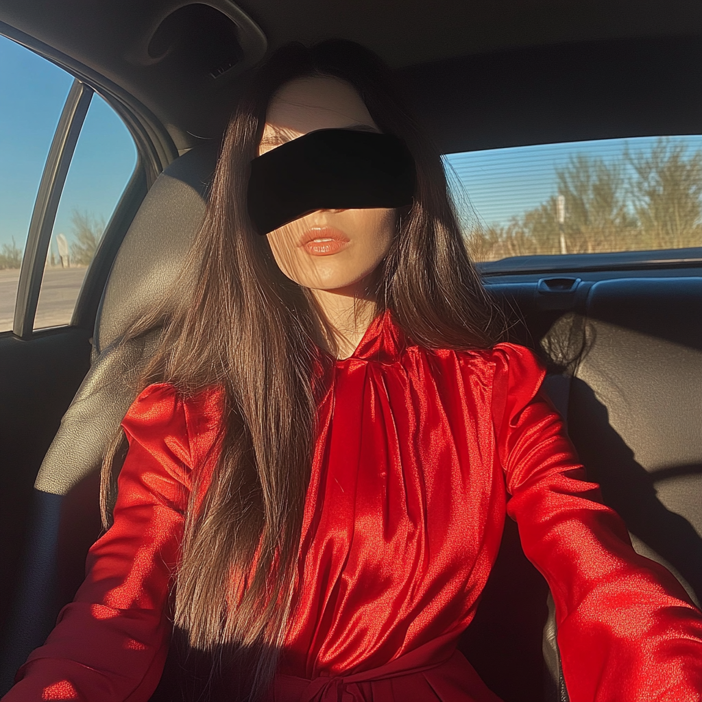 A woman sitting in a car with a black blindfold | Source: no source