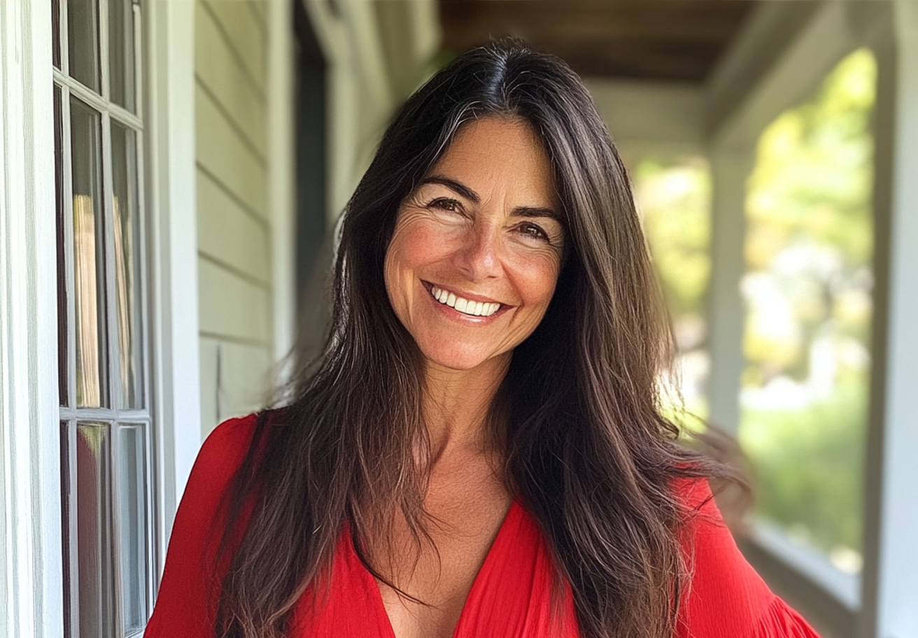 A smiling woman wearing a red dress | Source: no source