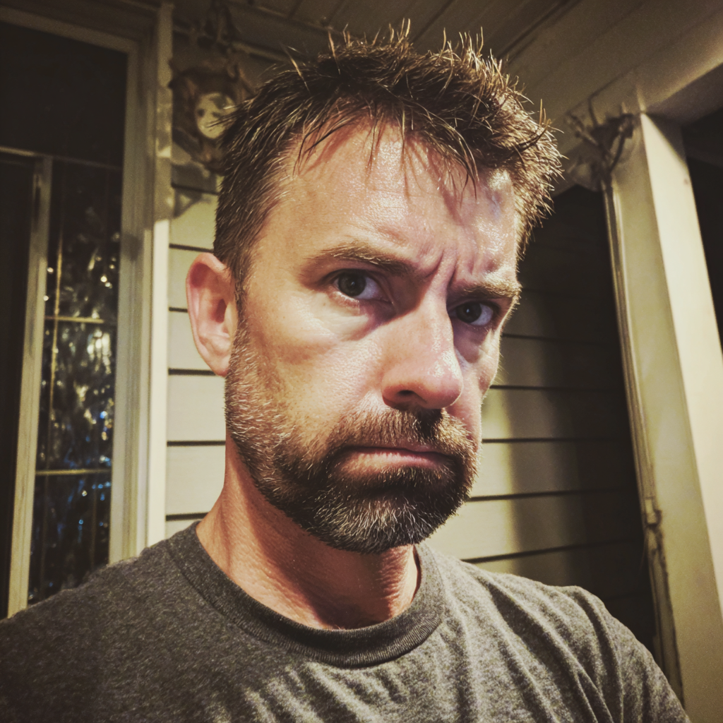 A frowning man standing on a porch | Source: no source