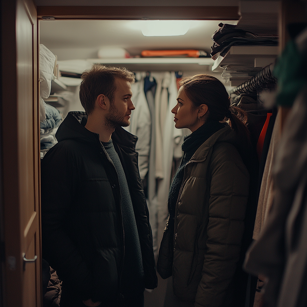 A couple having a serious talk in a walk-in closet | Source: no source
