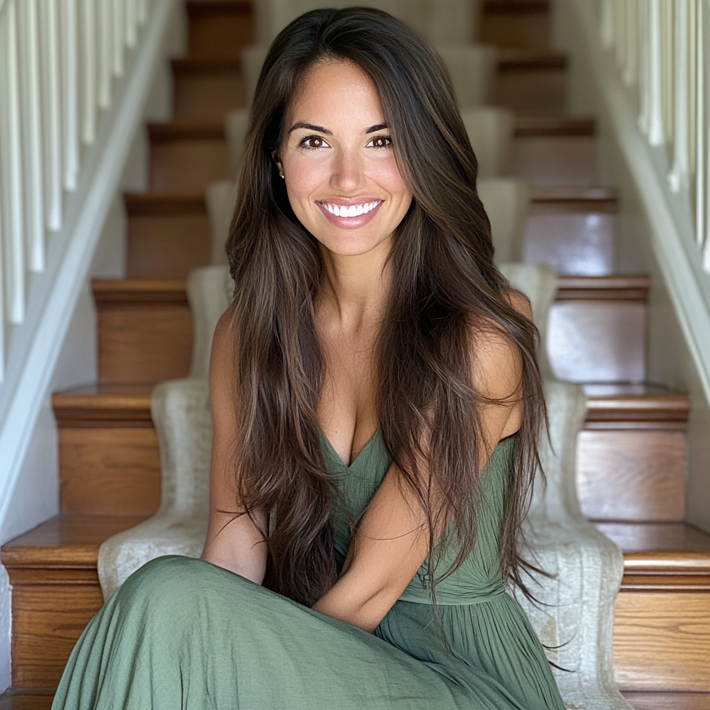 A smiling woman sitting on a staircase | Source: No source