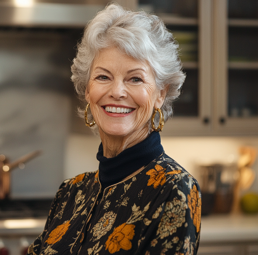A mature woman grinning in a kitchen | Source: No source