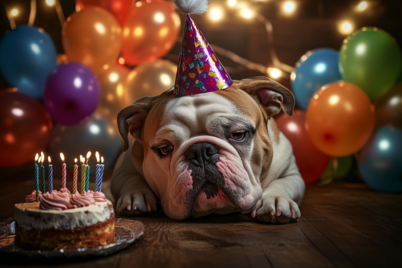 A Bulldog wearing a party hat lying beside a birthday cake | Source: no source
