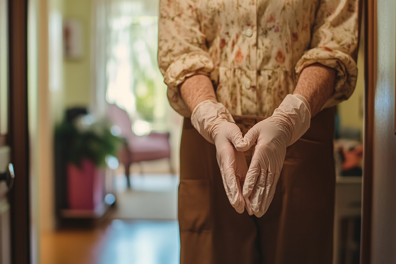 A woman wearing latex gloves standing in an entrance hallway | Source: No source