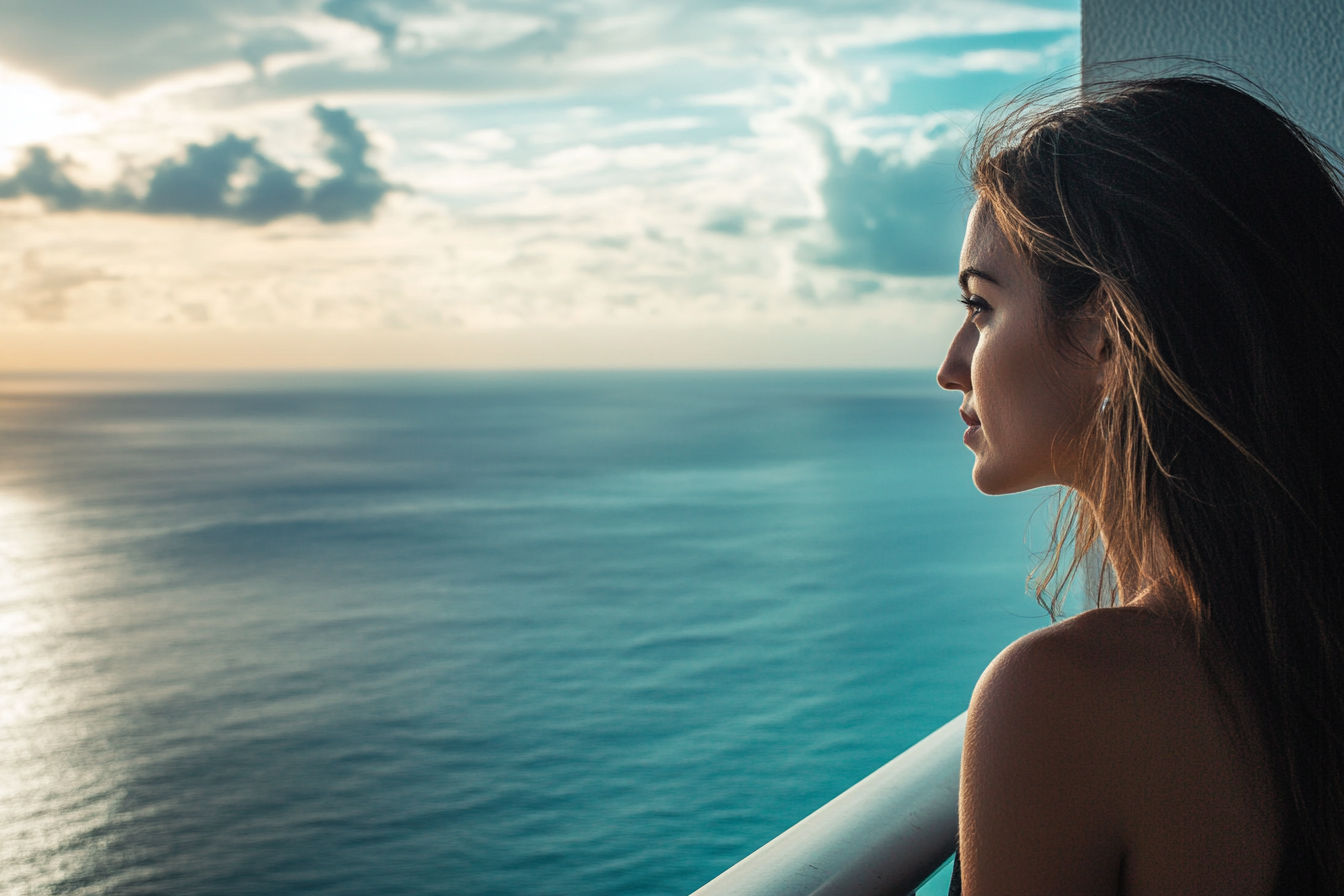 A woman on a balcony staring at the ocean | Source: No source
