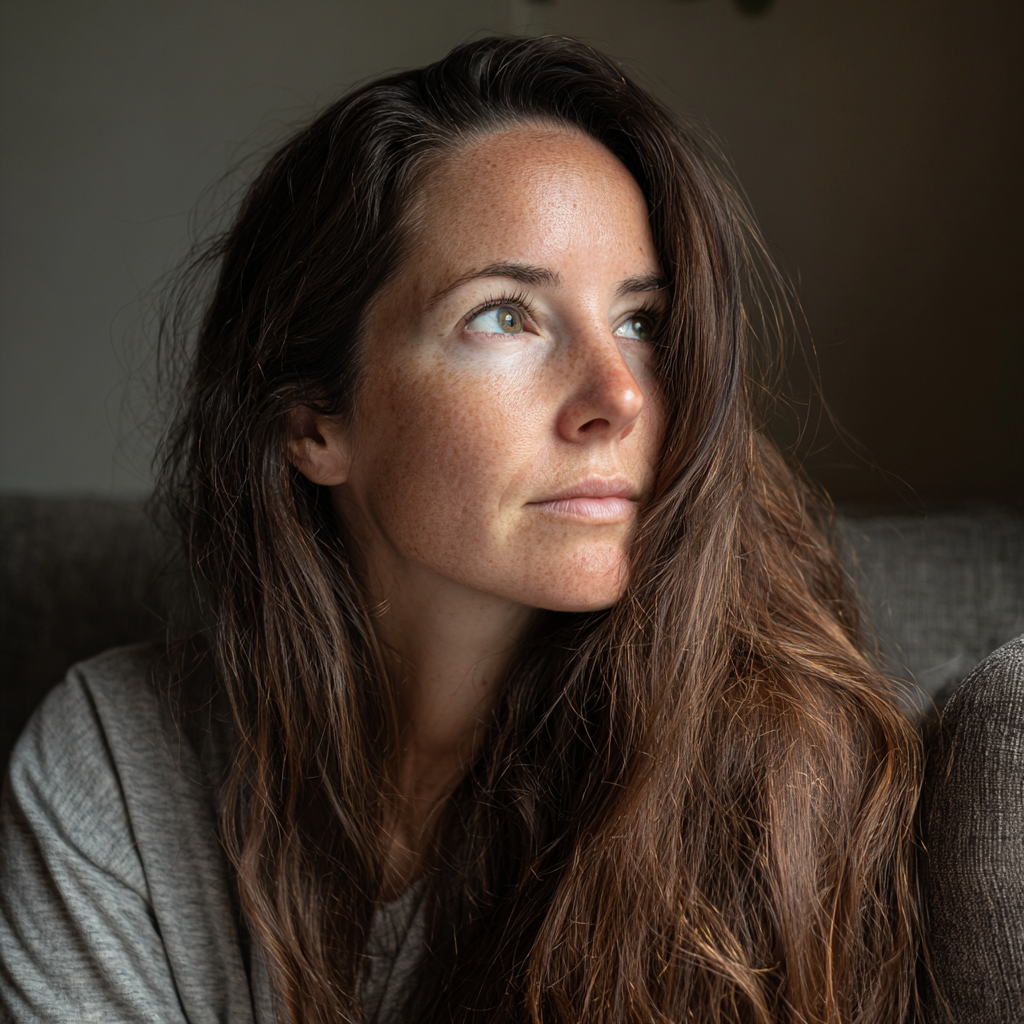 A pensive woman sitting on a couch | Source: No source