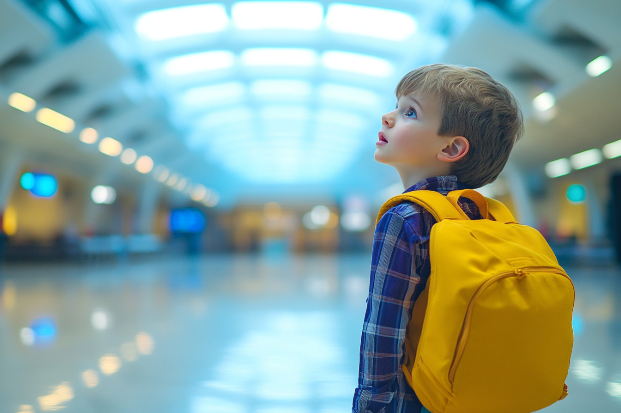 A sad boy in an airport | Source: no source